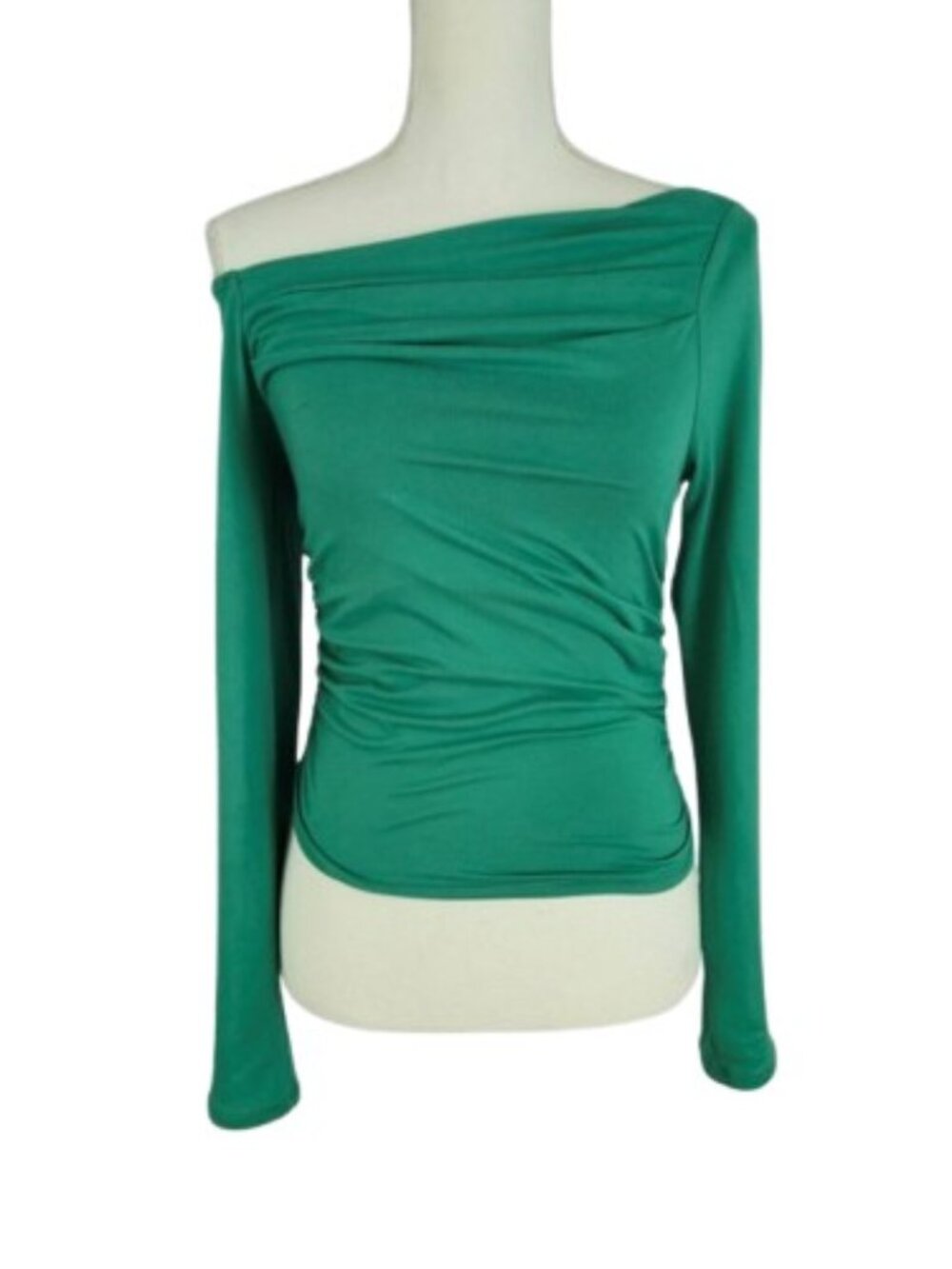 Gaze Green Off Shoulder Ruched Top Medium Fitted Asymmetrical